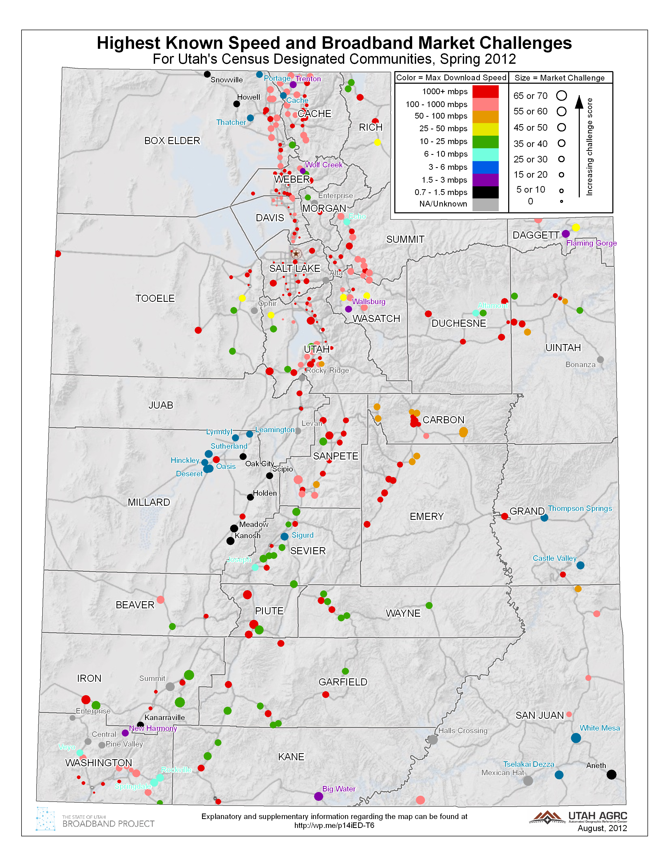 Featured image for “August 2012 Map of the Month – Contrasting Highest Known Speed and Market Challenges For Utah Communities – Updated October 25, 2012”